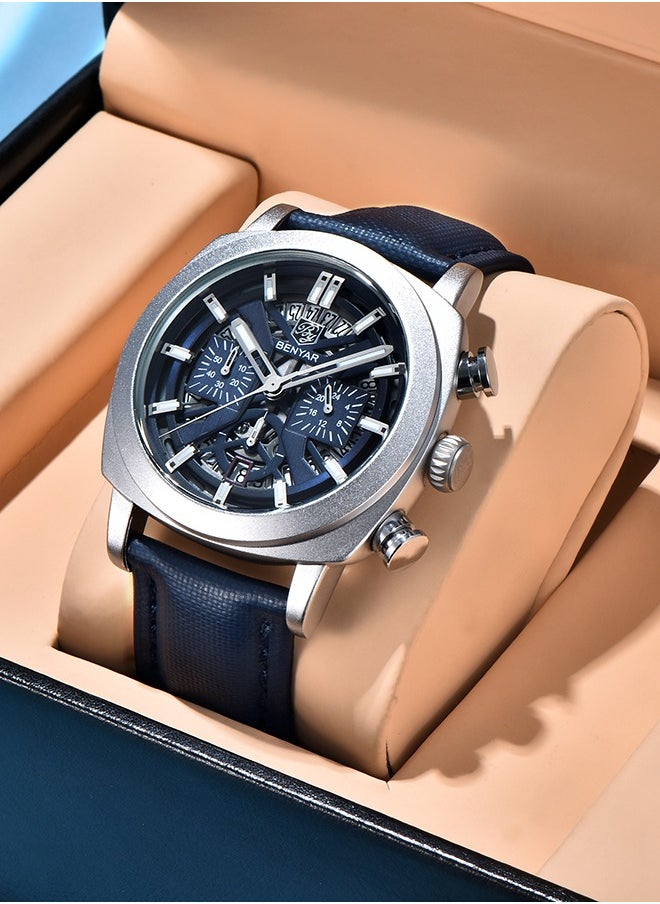 Men's Analogue Chronograph Quartz Watch 50M Waterproof Luminous Date Display Luxury Watch Sport Leather Watch,Silver Blue