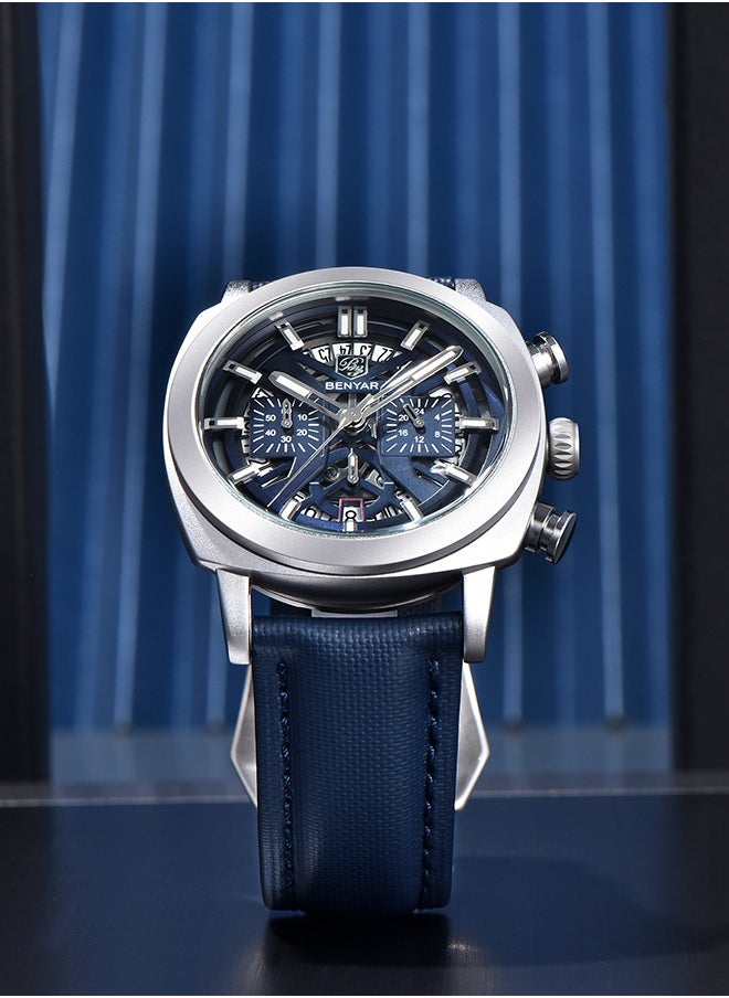 Men's Analogue Chronograph Quartz Watch 50M Waterproof Luminous Date Display Luxury Watch Sport Leather Watch,Silver Blue