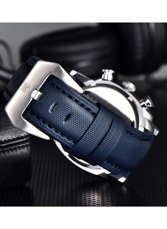 Men's Analogue Chronograph Quartz Watch 50M Waterproof Luminous Date Display Luxury Watch Sport Leather Watch,Silver Blue