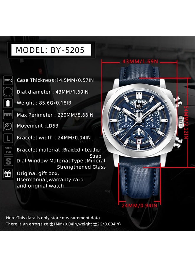 Men's Analogue Chronograph Quartz Watch 50M Waterproof Luminous Date Display Luxury Watch Sport Leather Watch,Silver Blue