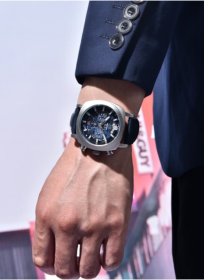 Men's Analogue Chronograph Quartz Watch 50M Waterproof Luminous Date Display Luxury Watch Sport Leather Watch,Silver Blue