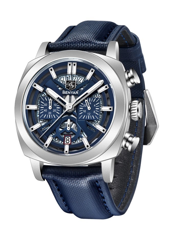 Men's Analogue Chronograph Quartz Watch 50M Waterproof Luminous Date Display Luxury Watch Sport Leather Watch,Silver Blue