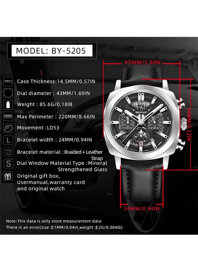 Men's Analogue Chronograph Quartz Watch 50M Waterproof Luminous Date Display Luxury Watch Sport Leather Watch,Silver Black