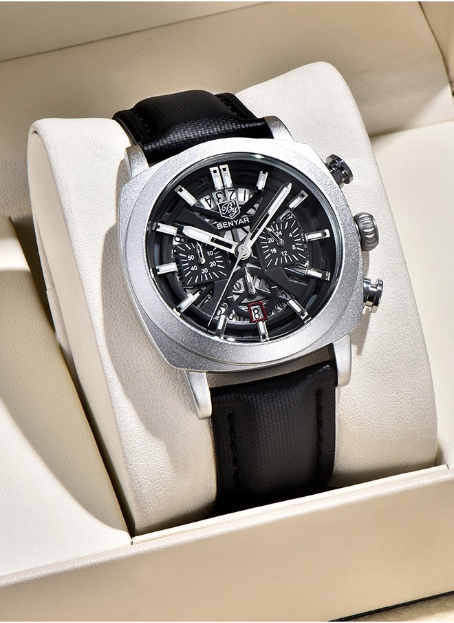 Men's Analogue Chronograph Quartz Watch 50M Waterproof Luminous Date Display Luxury Watch Sport Leather Watch,Silver Black