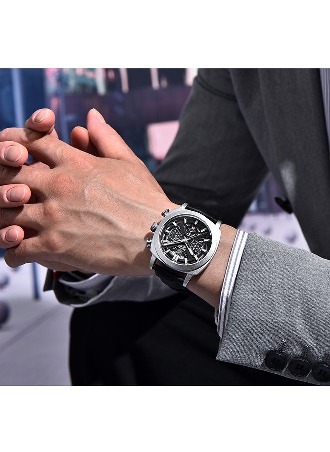Men's Analogue Chronograph Quartz Watch 50M Waterproof Luminous Date Display Luxury Watch Sport Leather Watch,Silver Black