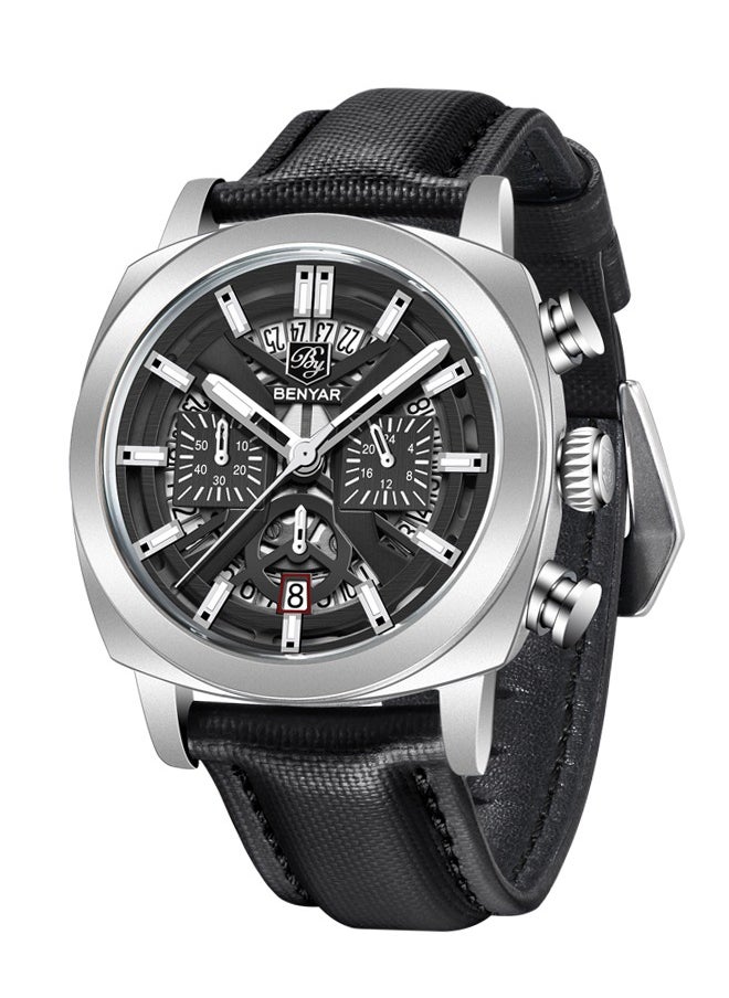Men's Analogue Chronograph Quartz Watch 50M Waterproof Luminous Date Display Luxury Watch Sport Leather Watch,Silver Black