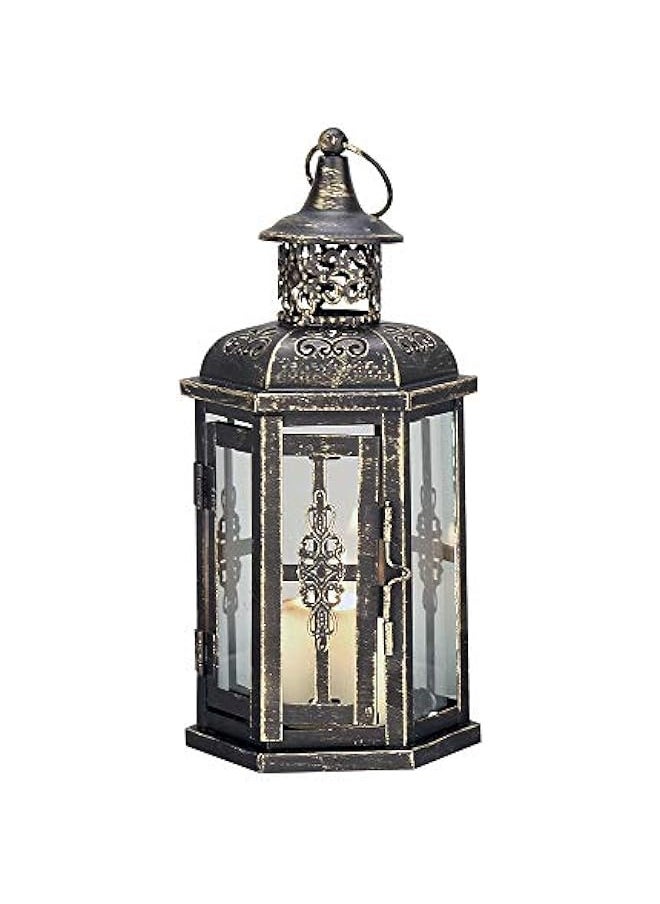 Decorative Lanterns 10inch High Vintage Style Hanging Lantern, Metal Candleholder for Indoor Outdoor, Events, Parities and Weddings(Black with Gold Brush)