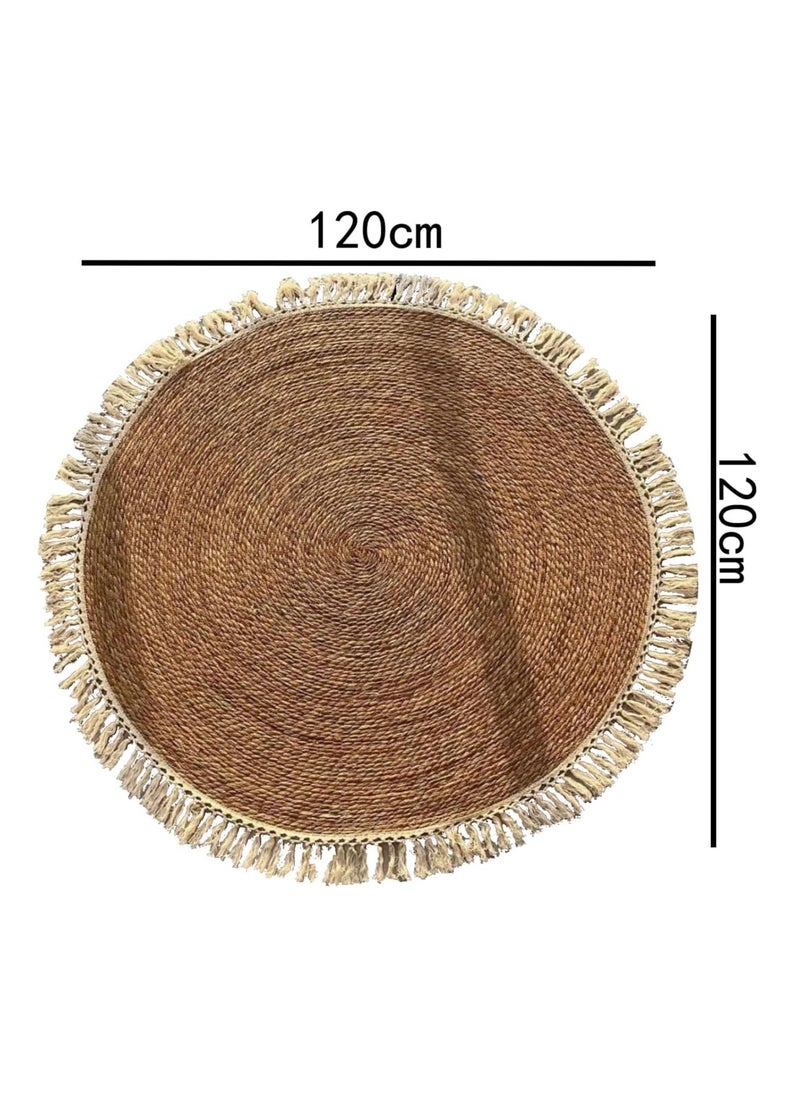 Round Handwoven Jute Braided Area Rug – 120 cm Rustic Vintage Beige Reversible Carpet, Boho Farmhouse Style for Bedroom, Living Room, Kitchen – Natural Jute Decor