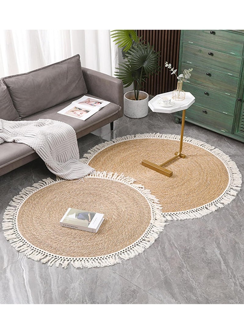 Round Handwoven Jute Braided Area Rug – 120 cm Rustic Vintage Beige Reversible Carpet, Boho Farmhouse Style for Bedroom, Living Room, Kitchen – Natural Jute Decor