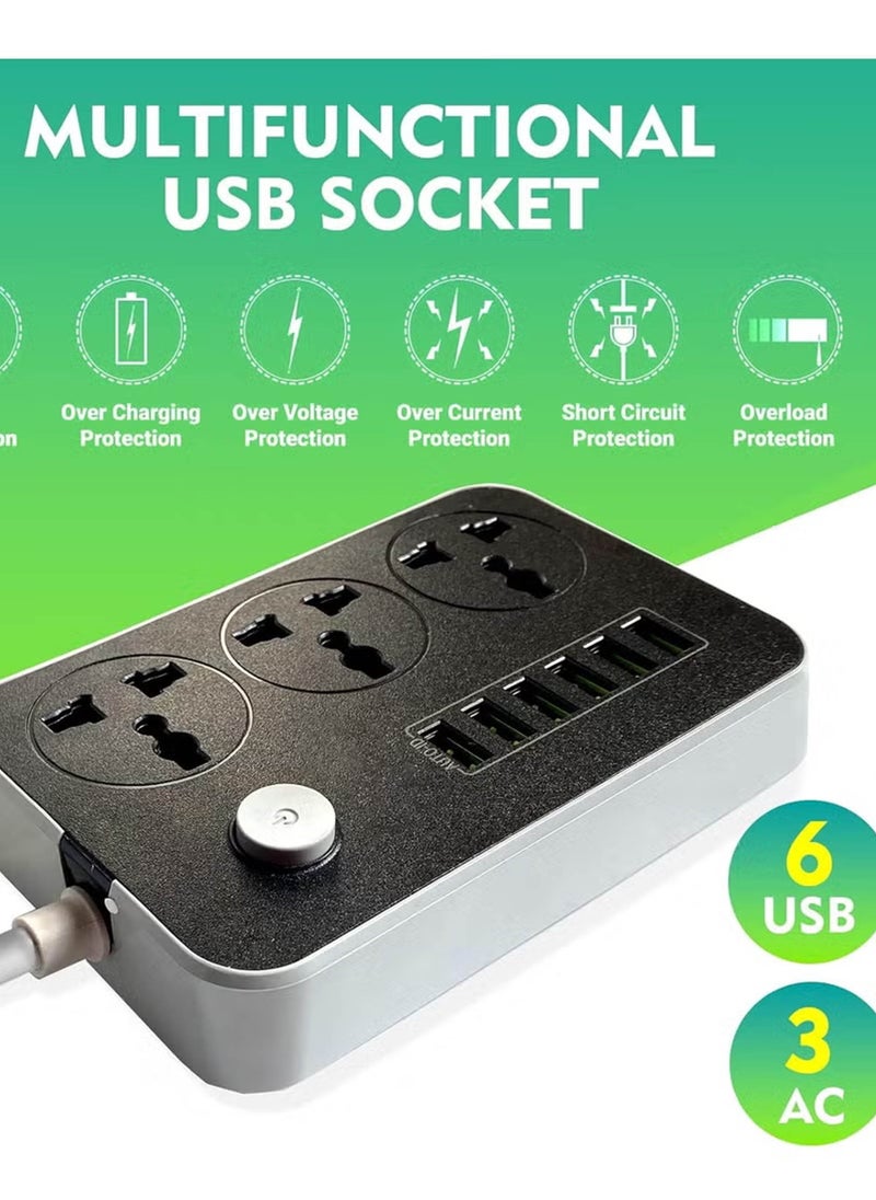 5 Meter 9 in 1 Universal Extension Cord with 3 Power Socket and 6 USB Slots, 3 Way Power Strip with USB type Charging slot, for home & office use Extension Lead 5M
