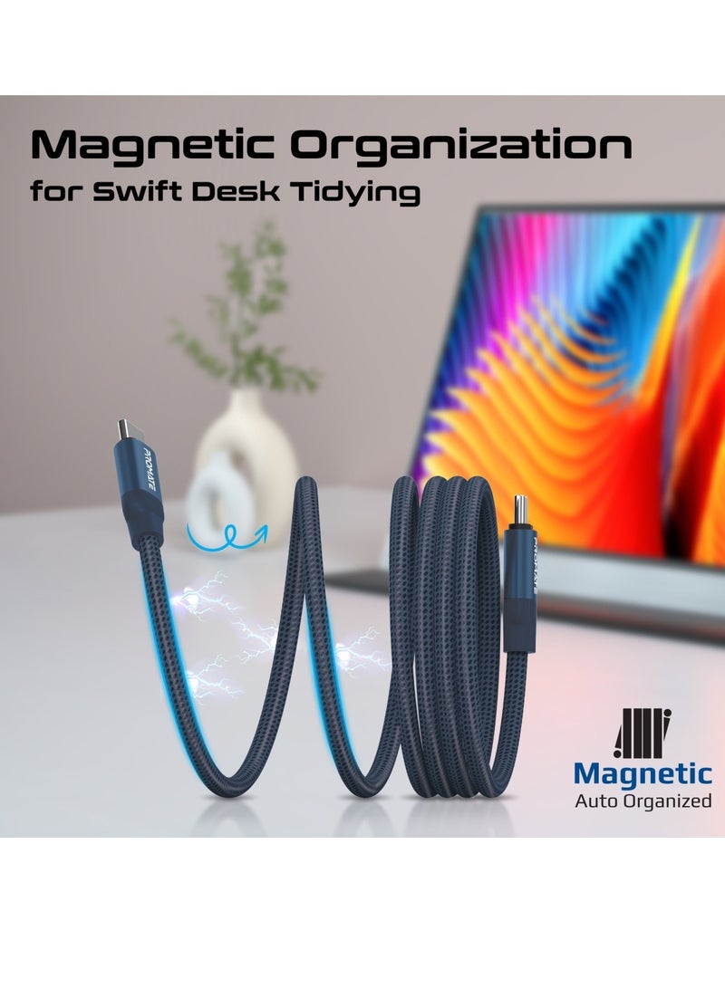 USB-C to USB-C Premium Magnetic Self-Organizing Cable with 60W Power Delivery and 120cm Durable Nylon Braided Sync and Charge Cable, Reversible Connectors, Thick Copper Core, Springy Blue