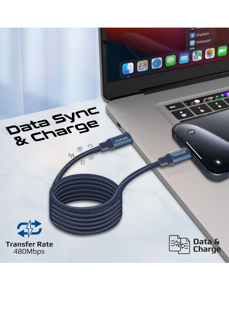 USB-C to USB-C Premium Magnetic Self-Organizing Cable with 60W Power Delivery and 120cm Durable Nylon Braided Sync and Charge Cable, Reversible Connectors, Thick Copper Core, Springy Blue