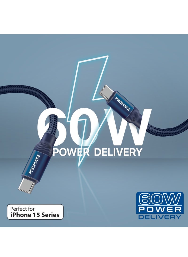 USB-C to USB-C Premium Magnetic Self-Organizing Cable with 60W Power Delivery and 120cm Durable Nylon Braided Sync and Charge Cable, Reversible Connectors, Thick Copper Core, Springy Blue