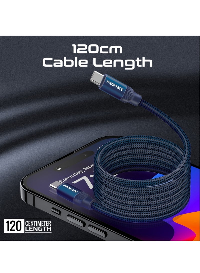 USB-C to USB-C Premium Magnetic Self-Organizing Cable with 60W Power Delivery and 120cm Durable Nylon Braided Sync and Charge Cable, Reversible Connectors, Thick Copper Core, Springy Blue