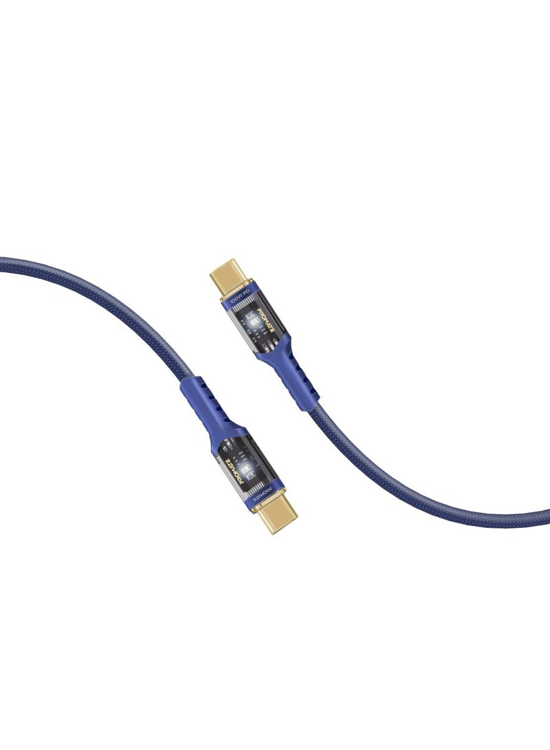 USB-C to USB-C Cable, Fast-Charging 100W Power Delivery Type-C Cable with Transparent Tips, LED, 25000+ Long Bend Lifespan, 480Mbps Data Sync and 200cm Nylon Braided Cord, LucidLine-CC200 Navy Blue