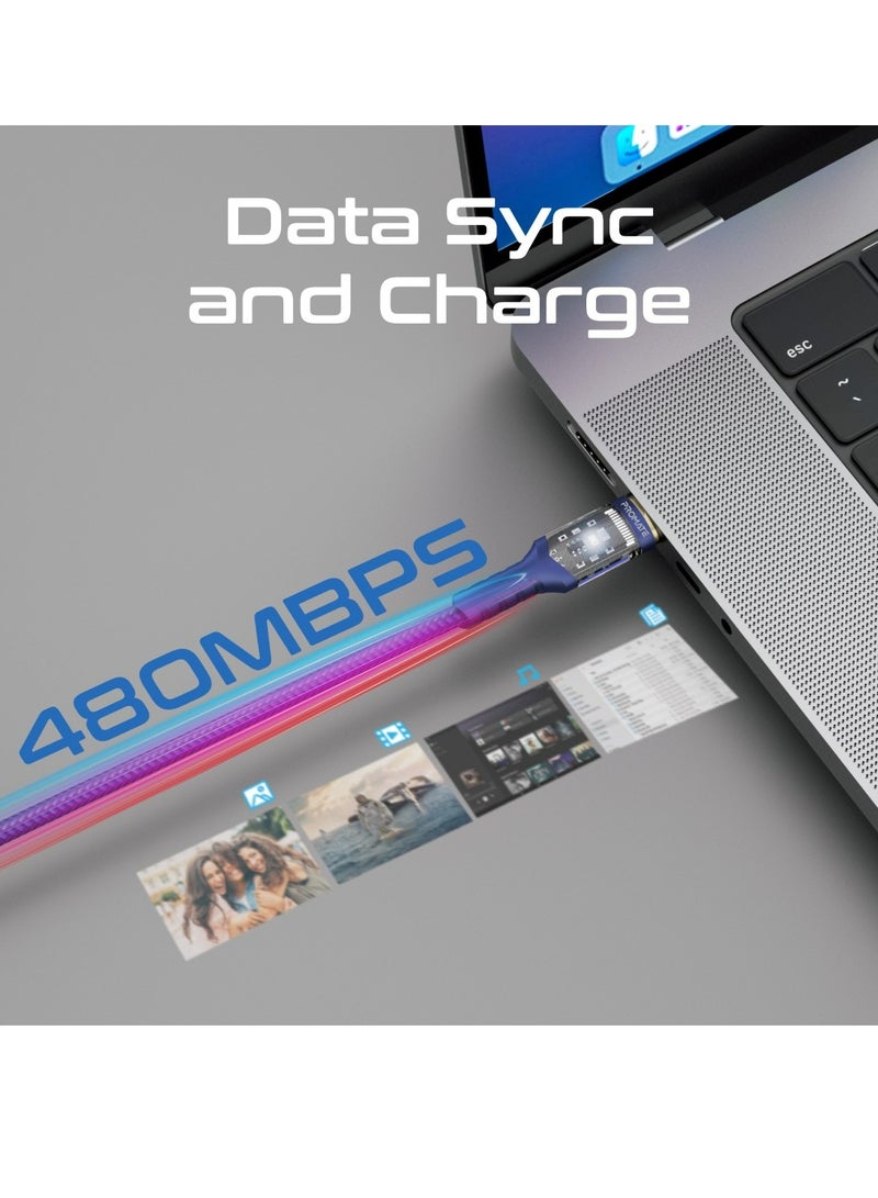 USB-C to USB-C Cable, Fast-Charging 100W Power Delivery Type-C Cable with Transparent Tips, LED, 25000+ Long Bend Lifespan, 480Mbps Data Sync and 200cm Nylon Braided Cord, LucidLine-CC200 Navy Blue