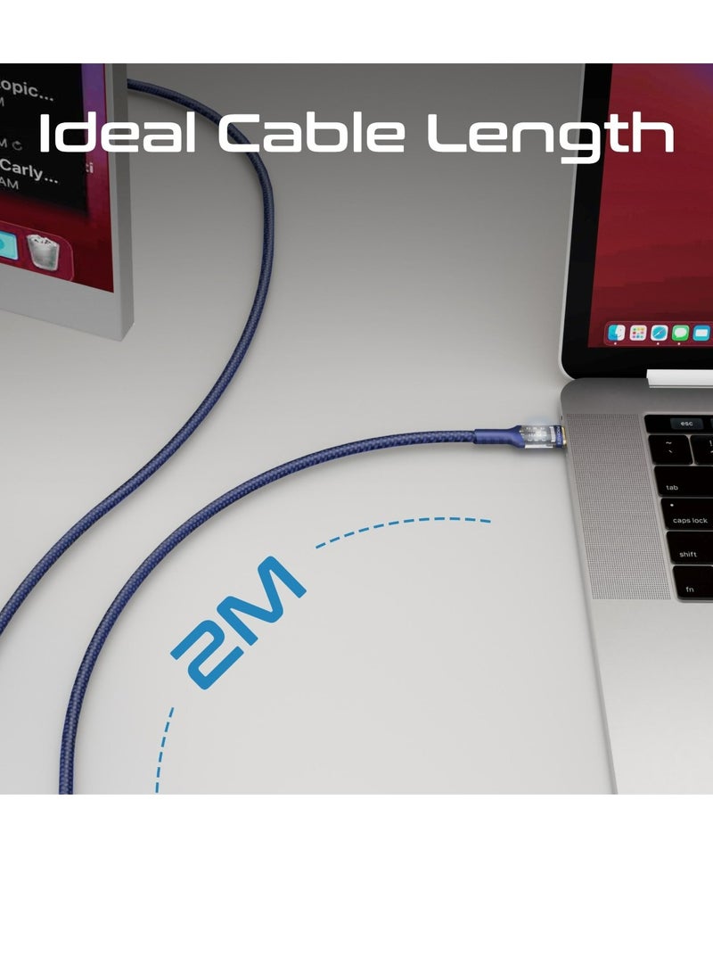 USB-C to USB-C Cable, Fast-Charging 100W Power Delivery Type-C Cable with Transparent Tips, LED, 25000+ Long Bend Lifespan, 480Mbps Data Sync and 200cm Nylon Braided Cord, LucidLine-CC200 Navy Blue