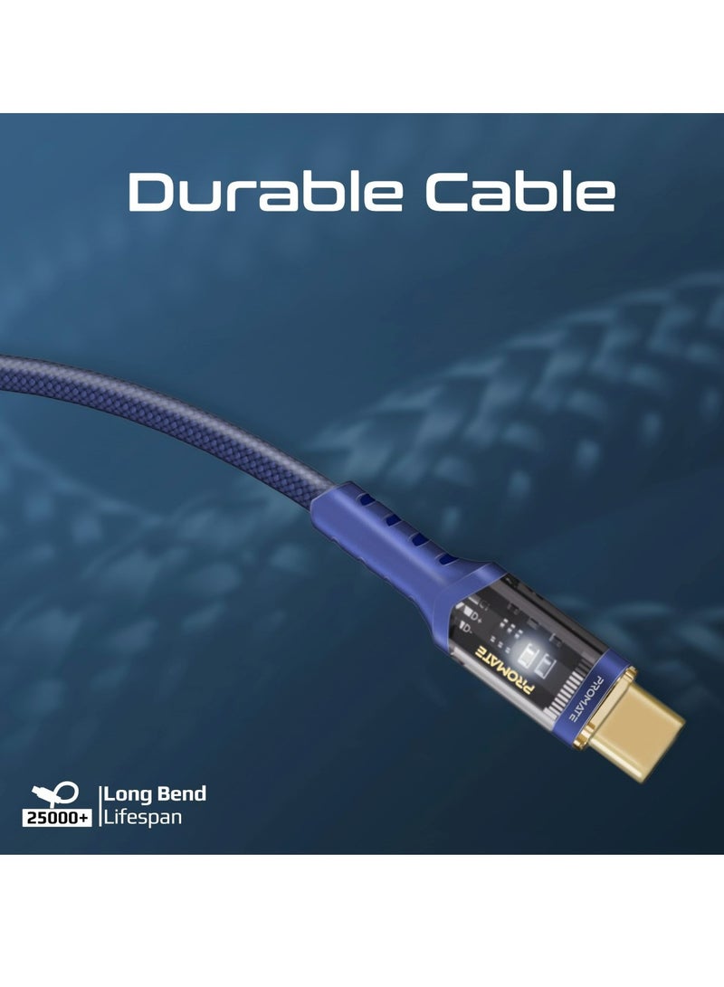 USB-C to USB-C Cable, Fast-Charging 100W Power Delivery Type-C Cable with Transparent Tips, LED, 25000+ Long Bend Lifespan, 480Mbps Data Sync and 200cm Nylon Braided Cord, LucidLine-CC200 Navy Blue