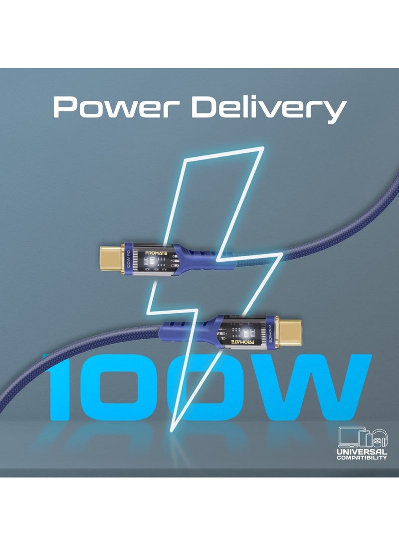 USB-C to USB-C Cable, Fast-Charging 100W Power Delivery Type-C Cable with Transparent Tips, LED, 25000+ Long Bend Lifespan, 480Mbps Data Sync and 200cm Nylon Braided Cord, LucidLine-CC200 Navy Blue