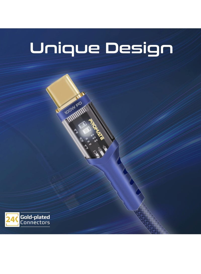 USB-C to USB-C Cable, Fast-Charging 100W Power Delivery Type-C Cable with Transparent Tips, LED, 25000+ Long Bend Lifespan, 480Mbps Data Sync and 200cm Nylon Braided Cord, LucidLine-CC200 Navy Blue