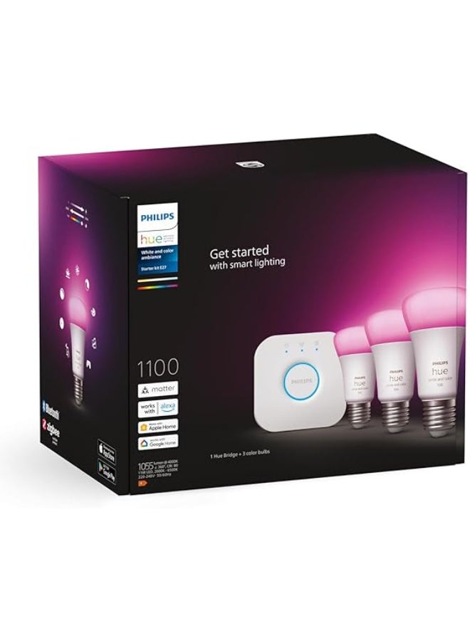 Philips Hue White & Colour Ambiance Starter Set with E27 Bulbs Pack of 2 (1100), Smart Button + Hue Bridge, Test Winner Stiftung Warentest (01/2024), 16 Million Colours Controllable by Voice and App Multi color