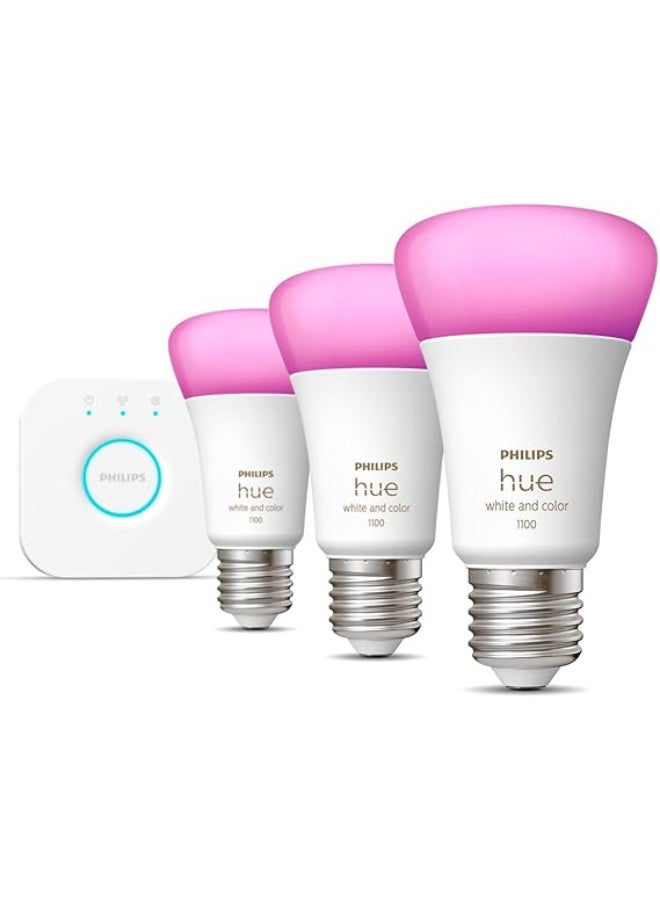 Philips Hue White & Colour Ambiance Starter Set with E27 Bulbs Pack of 2 (1100), Smart Button + Hue Bridge, Test Winner Stiftung Warentest (01/2024), 16 Million Colours Controllable by Voice and App Multi color