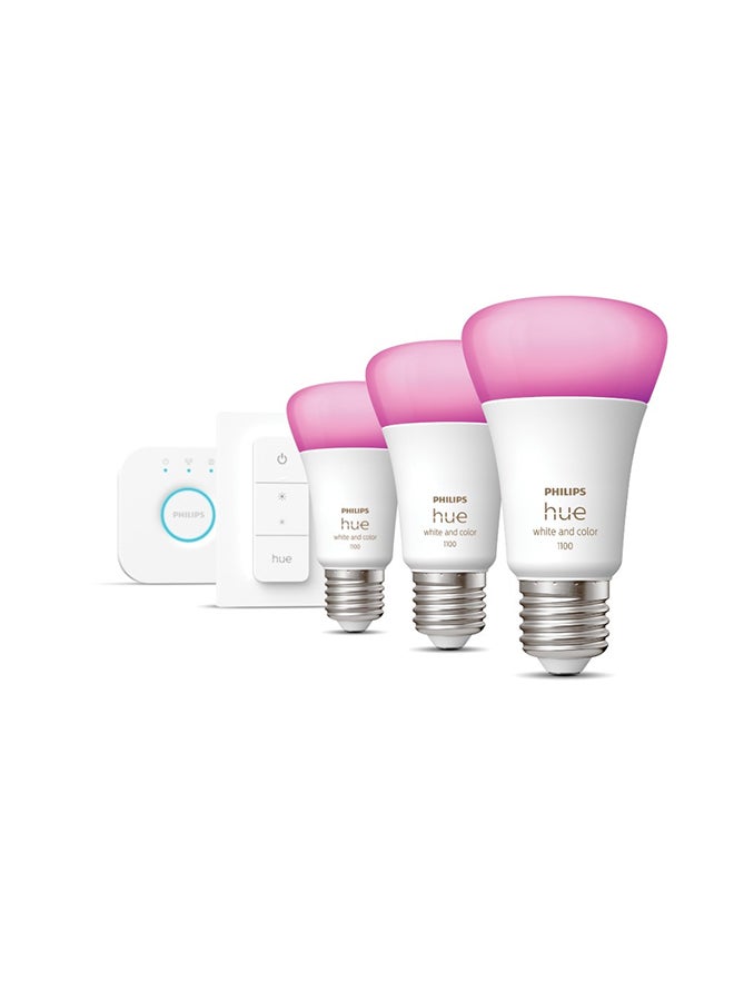 Philips Hue White & Colour Ambiance Starter Set with E27 Bulbs Pack of 2 (1100), Smart Button + Hue Bridge, Test Winner Stiftung Warentest (01/2024), 16 Million Colours Controllable by Voice and App Multi color