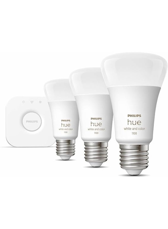 Philips Hue White & Colour Ambiance Starter Set with E27 Bulbs Pack of 2 (1100), Smart Button + Hue Bridge, Test Winner Stiftung Warentest (01/2024), 16 Million Colours Controllable by Voice and App Multi color