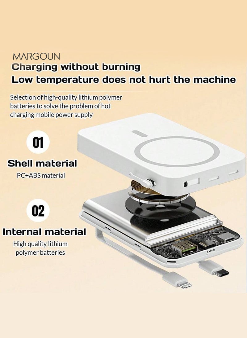10000 mAh New Self-Belt Cable Bracket Magnetic Suction Wireless Charging Treasure Large Capacity Super Fast Charging Mobile Power Supply White