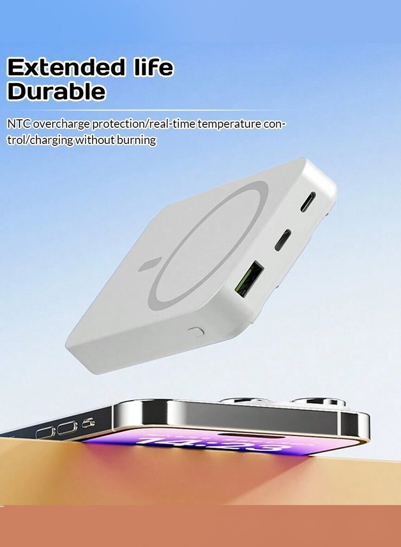 10000 mAh New Self-Belt Cable Bracket Magnetic Suction Wireless Charging Treasure Large Capacity Super Fast Charging Mobile Power Supply White