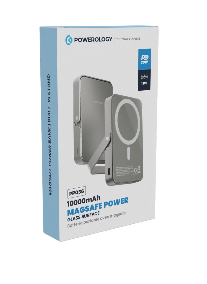 10000mAh Magsafe power Bank with Glass Surface and Integrated Stand / Durable / Simultaneous Wired and Wireless Output - Titanium