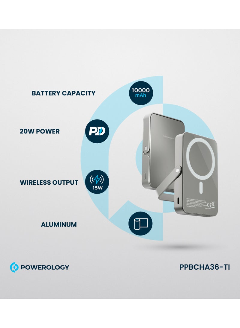 10000mAh Magsafe power Bank with Glass Surface and Integrated Stand / Durable / Simultaneous Wired and Wireless Output - Titanium
