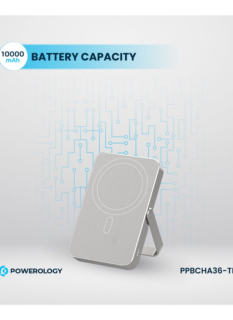 10000mAh Magsafe power Bank with Glass Surface and Integrated Stand / Durable / Simultaneous Wired and Wireless Output - Titanium