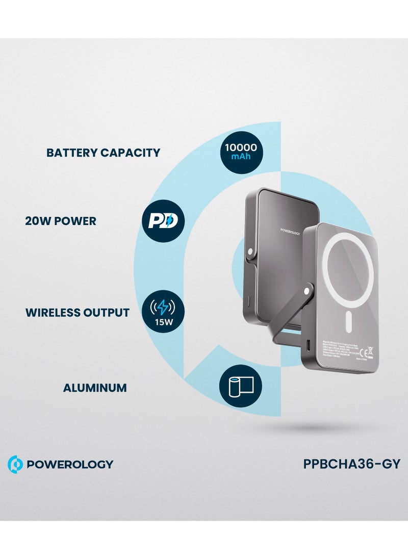 10000mAh Magsafe PowerBank with Glass Surface and Integrated Stand / Durable / Simultaneous Wired and Wireless Output /Aluminum Power Bank- Grey