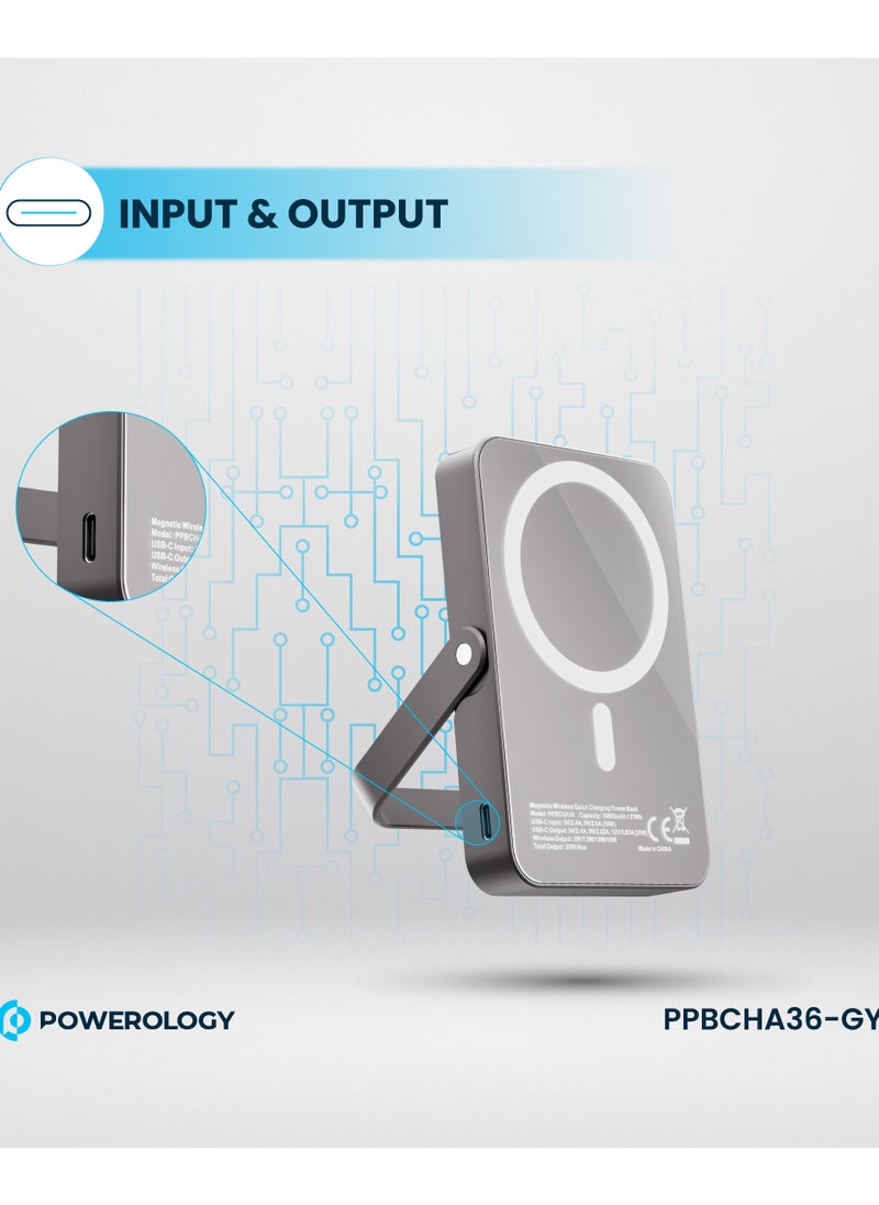 10000mAh Magsafe PowerBank with Glass Surface and Integrated Stand / Durable / Simultaneous Wired and Wireless Output /Aluminum Power Bank- Grey