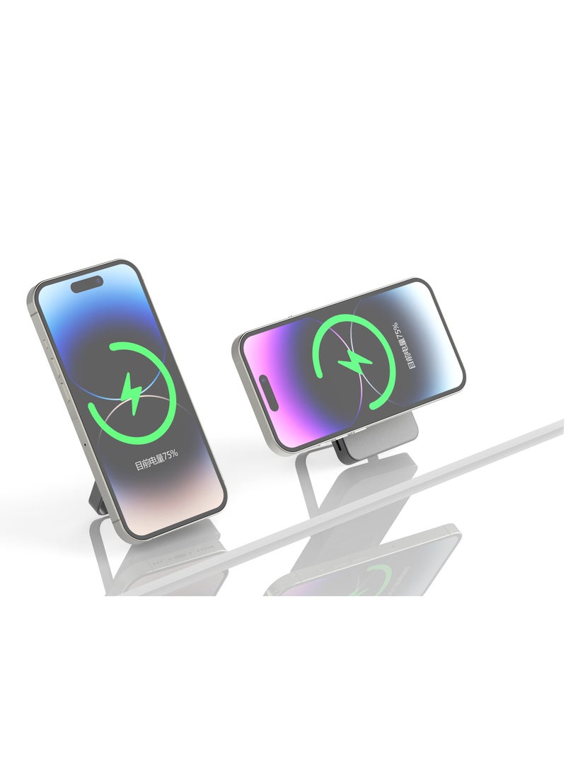 10000mAh Magsafe PowerBank with Glass Surface and Integrated Stand / Durable / Simultaneous Wired and Wireless Output /Aluminum Power Bank- Grey