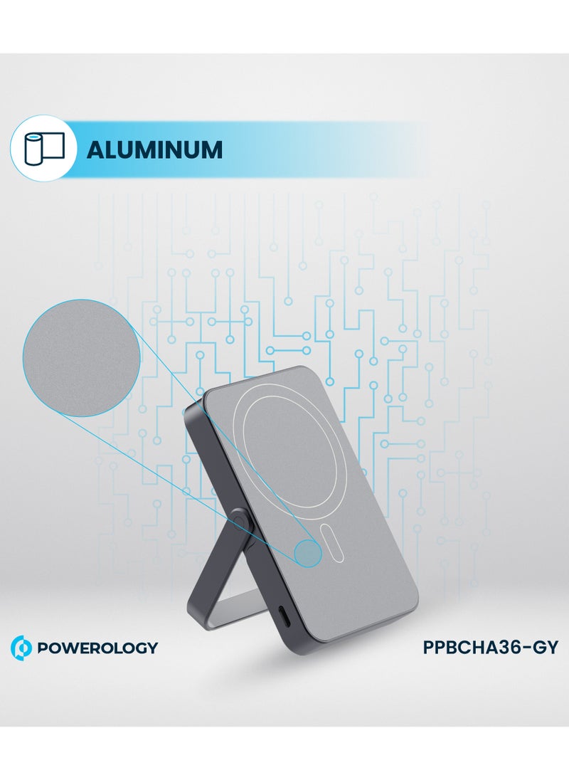 10000mAh Magsafe PowerBank with Glass Surface and Integrated Stand / Durable / Simultaneous Wired and Wireless Output /Aluminum Power Bank- Grey