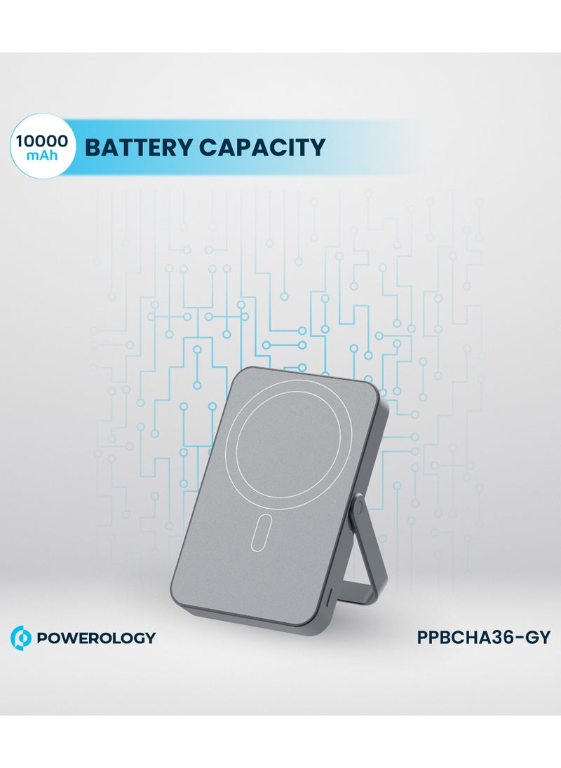 10000mAh Magsafe PowerBank with Glass Surface and Integrated Stand / Durable / Simultaneous Wired and Wireless Output /Aluminum Power Bank- Grey