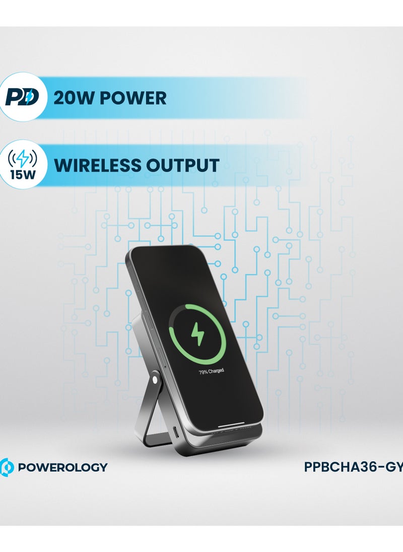 10000mAh Magsafe PowerBank with Glass Surface and Integrated Stand / Durable / Simultaneous Wired and Wireless Output /Aluminum Power Bank- Grey