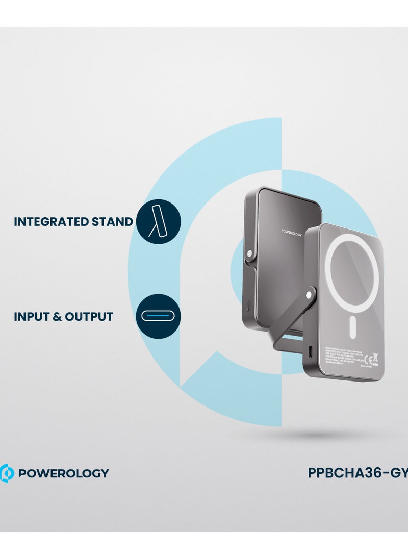 10000mAh Magsafe PowerBank with Glass Surface and Integrated Stand / Durable / Simultaneous Wired and Wireless Output /Aluminum Power Bank- Grey