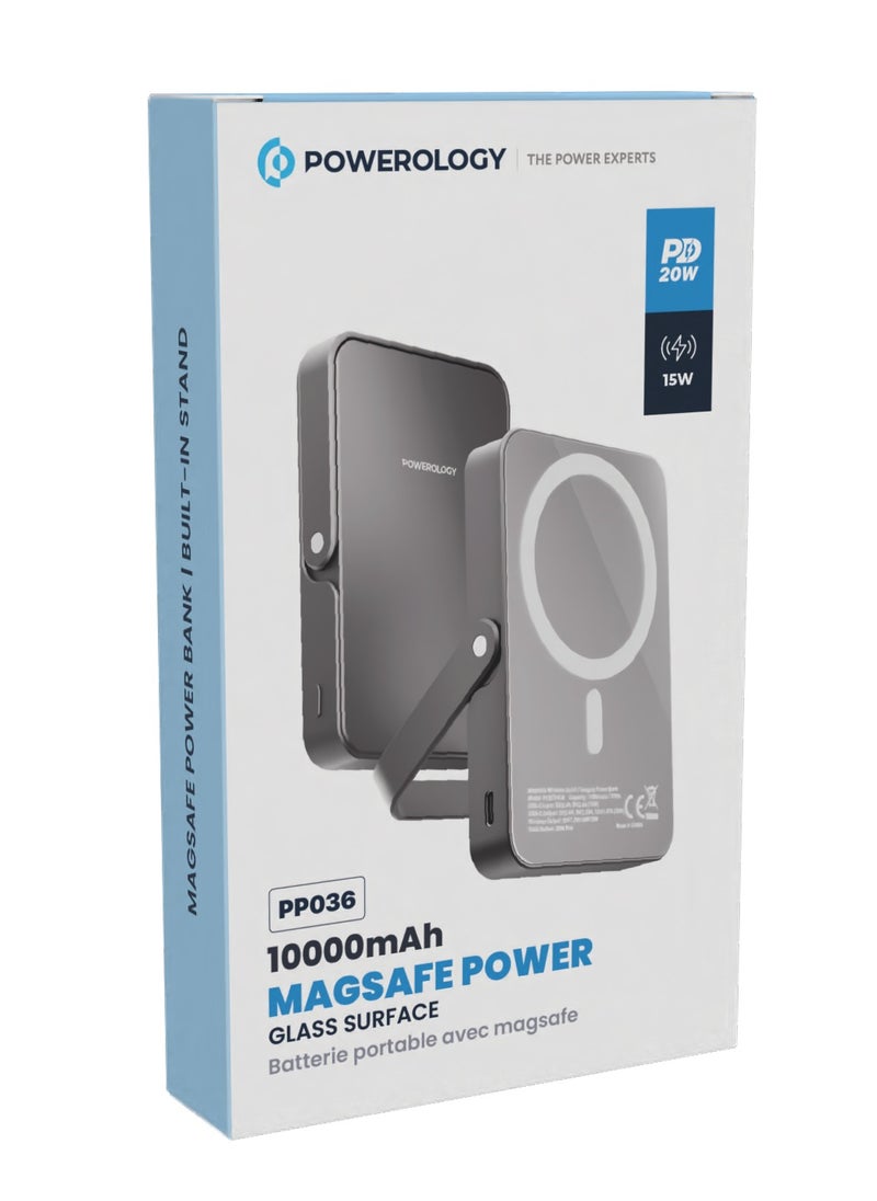 10000mAh Magsafe PowerBank with Glass Surface and Integrated Stand / Durable / Simultaneous Wired and Wireless Output /Aluminum Power Bank- Grey