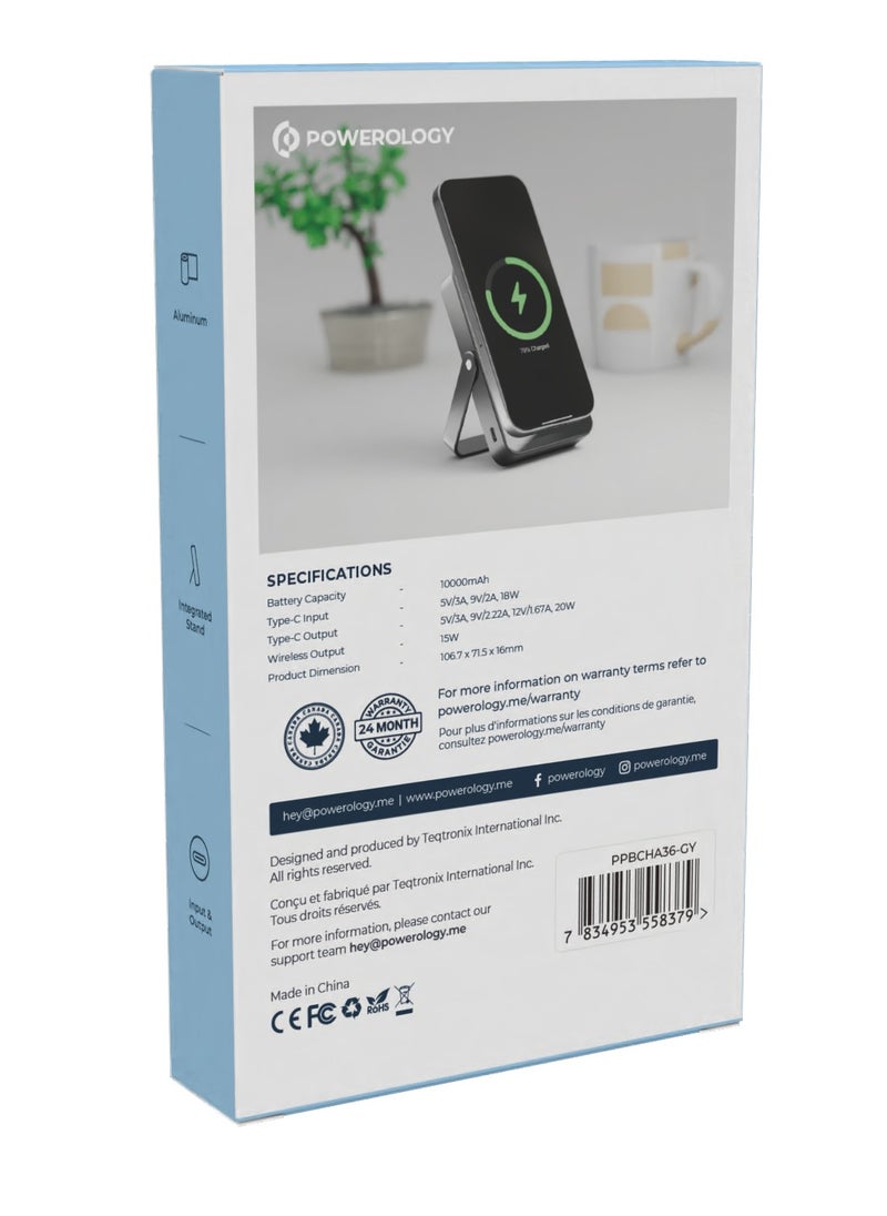 10000mAh Magsafe PowerBank with Glass Surface and Integrated Stand / Durable / Simultaneous Wired and Wireless Output /Aluminum Power Bank- Grey