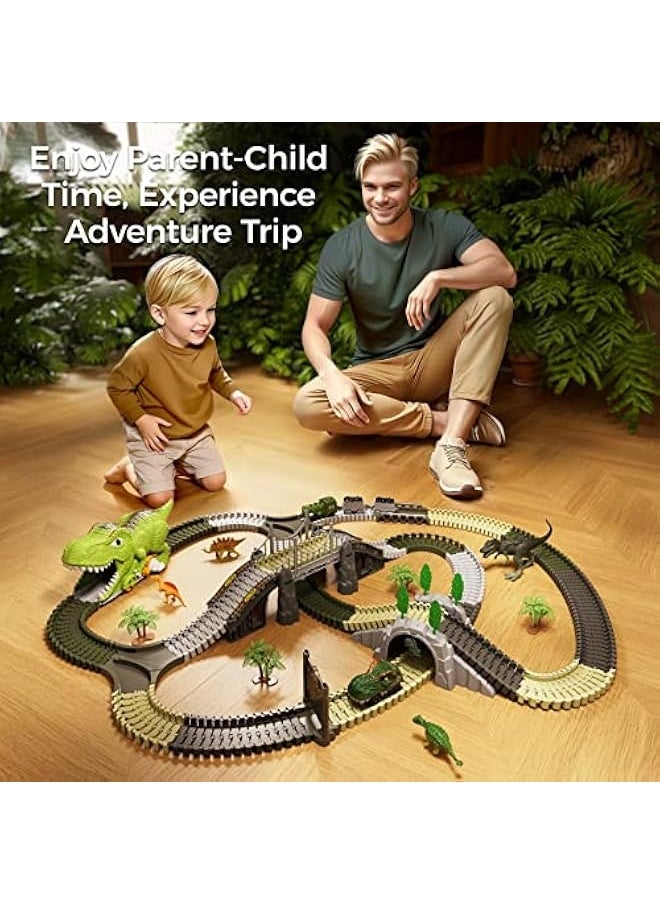 Dinosaur Race Track Toys,Flexible Train Tracks with 4 Dinosaurs Figures,281 Pcs Dinosaur Train 2 Electric Race Cars with Lights - Create A Dinosaur World Road Race for Kids 3 4 5 6+ Years