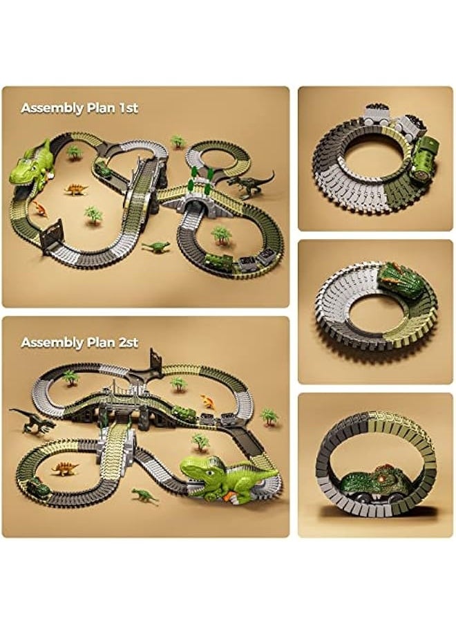 Dinosaur Race Track Toys,Flexible Train Tracks with 4 Dinosaurs Figures,281 Pcs Dinosaur Train 2 Electric Race Cars with Lights - Create A Dinosaur World Road Race for Kids 3 4 5 6+ Years