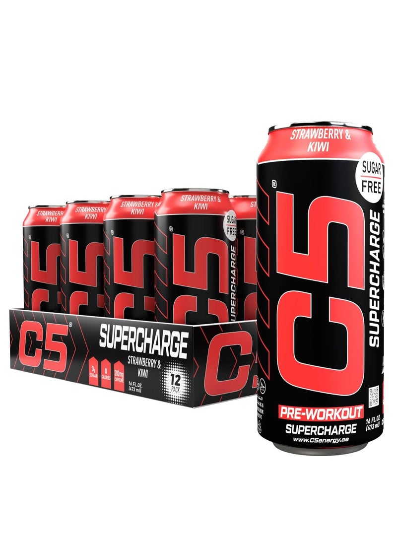 C5 Supercharge Pre-Workout Energy Drink - Strawberry Kiwi Flavor, Sugar-Free, 16 fl oz Can