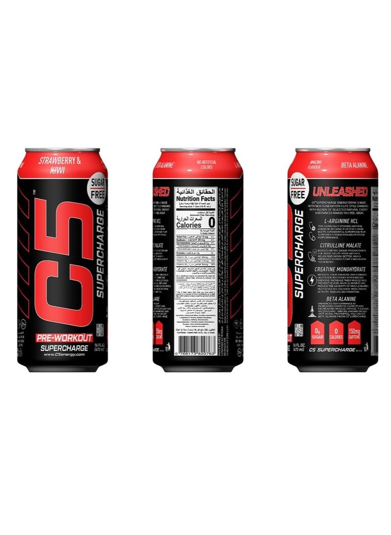 C5 Supercharge Pre-Workout Energy Drink - Strawberry Kiwi Flavor, Sugar-Free, 16 fl oz Can