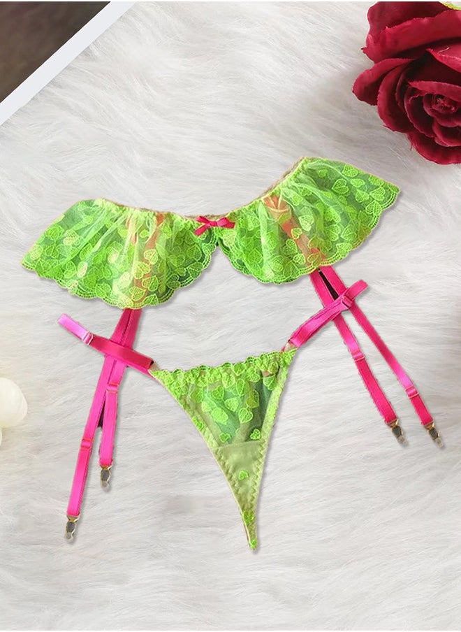 Ladies XXL Size Lingerie Set Garter Belt Neon Green Lace Bra Push-up Bra Set Lingerie Green/Pink /XXL(Bust:96-100/Waist:80-84/Hip:104-108)