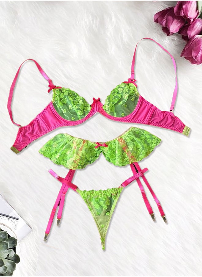 Ladies XXL Size Lingerie Set Garter Belt Neon Green Lace Bra Push-up Bra Set Lingerie Green/Pink /XXL(Bust:96-100/Waist:80-84/Hip:104-108)