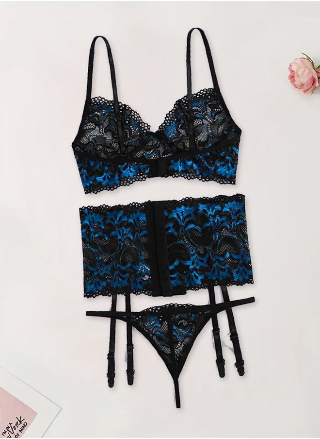 Women Large Lingerie Set Transparent Lace Lingerie Set Passion Outfit Sleepwear Babydoll Set Suspenders Deep V Bodysuit Corset Nightwear Blue