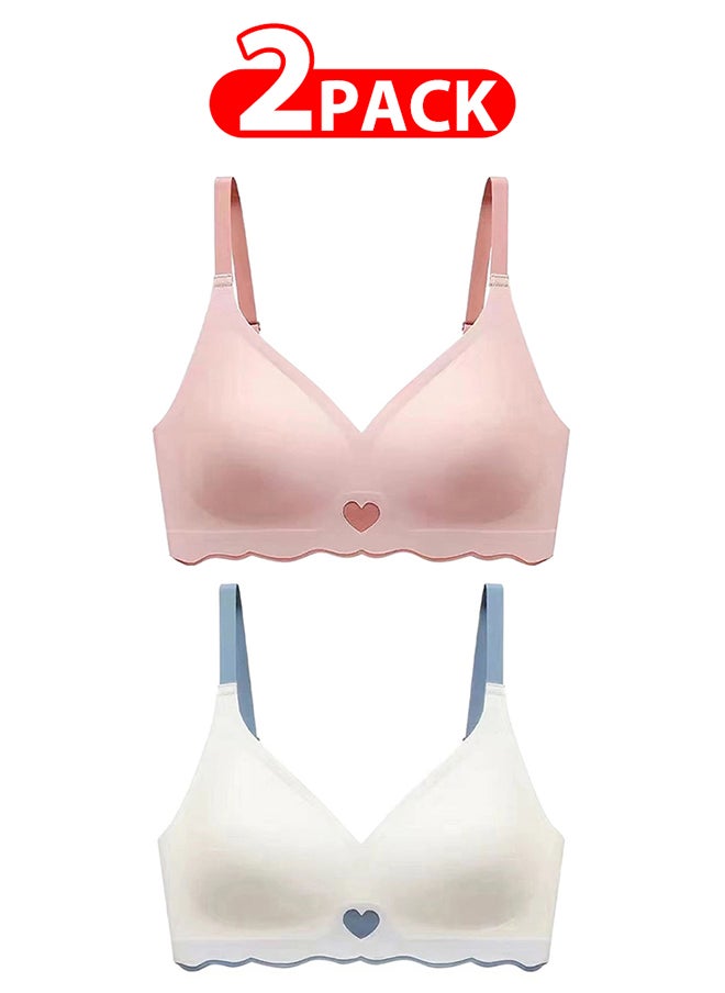 2 Pack Women's Medium Sports Bra Strong Support Seamless Lace Non-Slip Sports Bra Daily Wear Bra Without Underwire Classic Soft Bra for Yoga Sports Bustier White/Pink